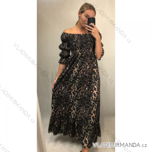 Šaty dlouhé letní žabičkované carmen přes ramena dámské leopard (S/M ONE SIZE) ITALSKÁ MÓDA IMWA216172-2/DR