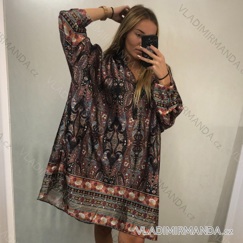 Šaty dlouhé elegantní saténové dlouhý rukáv dámské (ONE SIZE  3XL/4XL) ITALSKÁ MODA IM421287