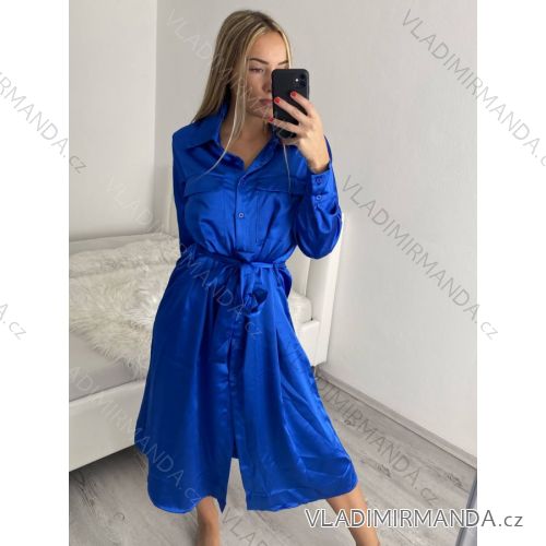 Šaty košilové dlouhý rukáv dámské (S/M ONE SIZE) ITALSKÁ MÓDA IMPBR22H2671-R3/DRkr. modrá