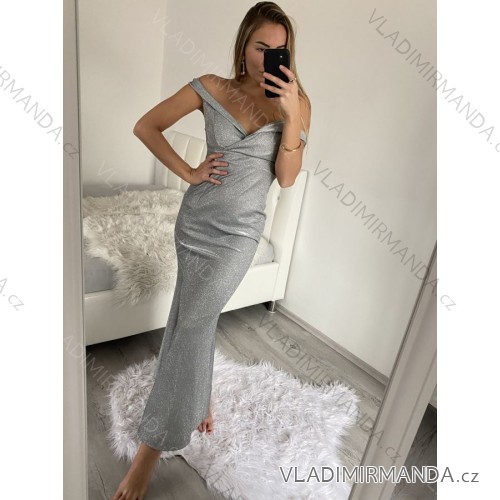 Šaty dlouhé elegantní společenské třpytivé carmen dámské (S/M ONE SIZE) ITALSKÁ MÓDA IMM2251196/DU S/M šedá světlá