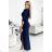 404-2 Shiny dress with a neckline and a slit on the leg - navy blue