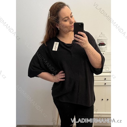 Svetr tenký oversize krátký rukáv dámský nadrozměr (3XL/4XL/5XL ONE SIZE) ITALSKÁ MÓDA IM423BLACK/DU 4XL/5XL Černá